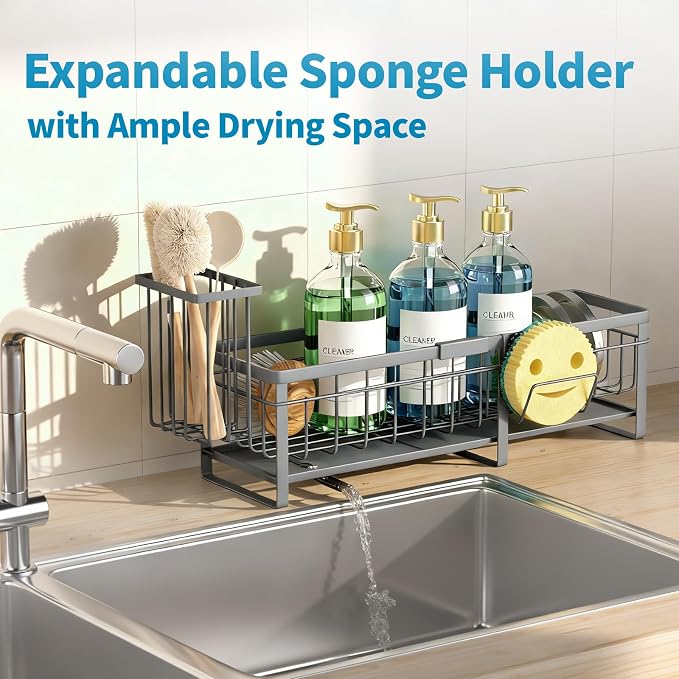 Extra Large Extendable Sponge Holder for Kitchen Sink Caddy Organizer | Rustproof Sink Caddy Organizer with High Brush Holder, Dish Soap Dispenser Organizers and Storage (Black) - Image 5