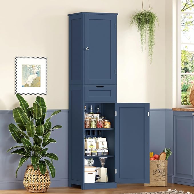 Iwell 67" Tall Bathroom Cabinet, Storage Cabinet with 2 Doors & 1 Drawer, Bathroom Storage Cabinets with Adjustable Shelves, for Living Room, Laundry Room, Home Office, Blue - Image 5