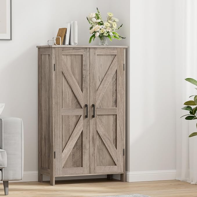 Homleke 43.3" H Farmhouse Bathroom Storage Cabinet with Adjustable Shelves | Freestanding Storage Cabinet with Barn Doors for Bathroom, Kitchen, Living Room, Dining Room & Entryway, Greige - Image 8
