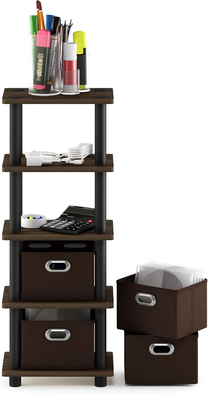 Furinno Turn-N-Tube Toolless 4-Tier Storage Shelves, Columbia Walnut | Narrow Open Frame Book Shelf with Storage Bins, for Organization, for Living Room, Garage, Home Office - Image 6