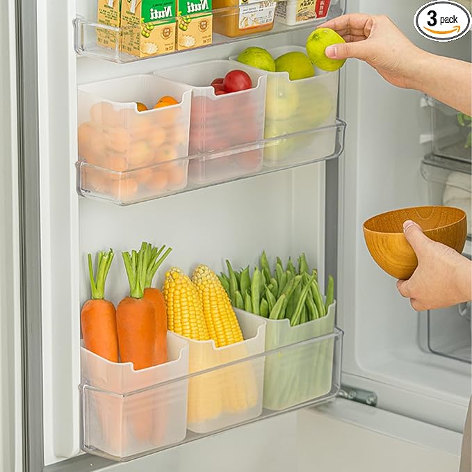 3 Pack Refrigerator Organizer Box, Plastic Refrigerator Side Door Storage Containers, Space-Saving Organizer Bins for Fridge, Refrige Drawers for Fruit and Vegetable (Clear,S*3) by MdakeGo