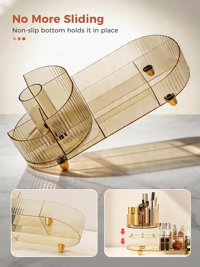 Booklov Rotating Makeup Organizer for Vanity Countertop, Amber | Clear Acrylic Cosmetic Display Case, Large Beauty Brush Holder for Bathroom Counter, Skincare Lipsticks Storage - Image 3