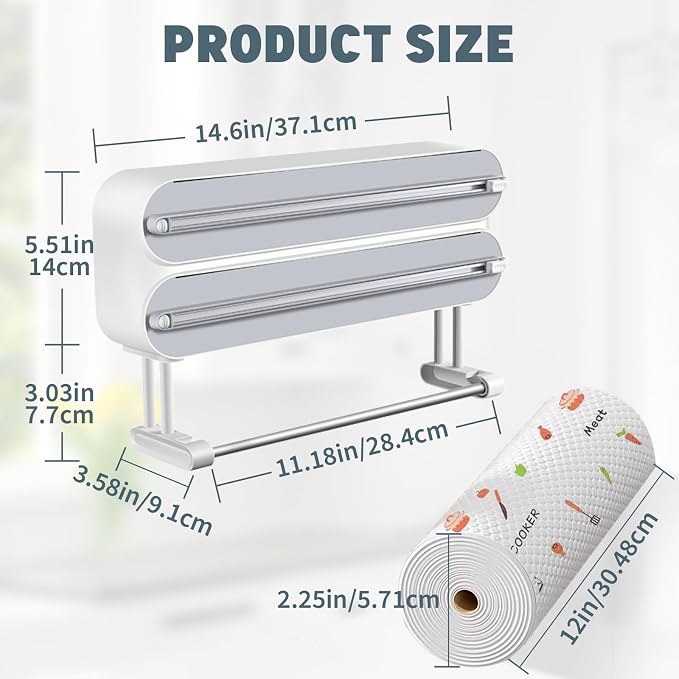 AUSTUFF 3 in 1 Plastic Wrap Dispenser with Cutter Magnetic Aluminum Foil | Wall Mount Kitchen Wrap Organizer, Cling Wrap Dispenser with Paper Towel Holder and Cutter - Image 2