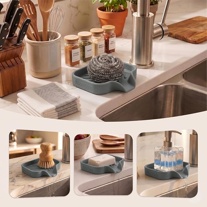 MicoYang Silicone Soap Dish with Drain Spout, Self-Draining Sink Organizer Tray for Bathroom and Kitchen, Sponges, Dispensers and Soap Holder, Non-Slip and Dishwasher Safe, Grey (Compact, 4.9"×3.2") - Image 3