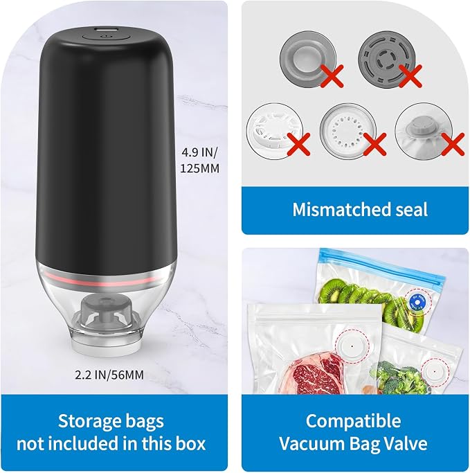 Portable Handheld Food Vacuum Sealer, Black(Pump Only) | Powerful Suction Compatible with Reusable Vacuum Bags, Ideal for Food Storage & Camping - Image 2