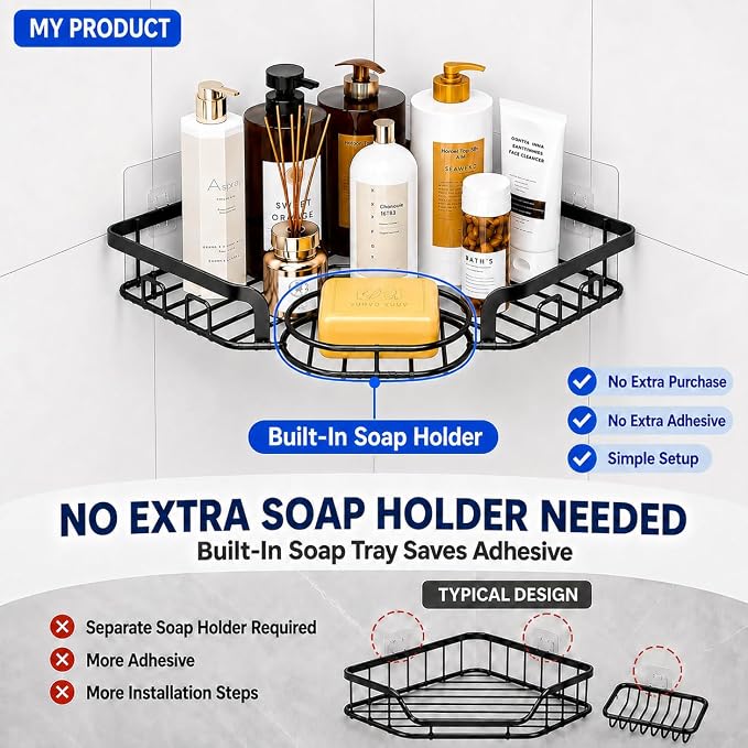 Corner Shower Caddy, Rustproof Shower Organizer with Soap Holder and 8 Hooks, No Drilling Adhesive Shower Shelves for Inside Shower, Large Capacity Shower Rack for Bathroom Shower Storage, Black - Image 4