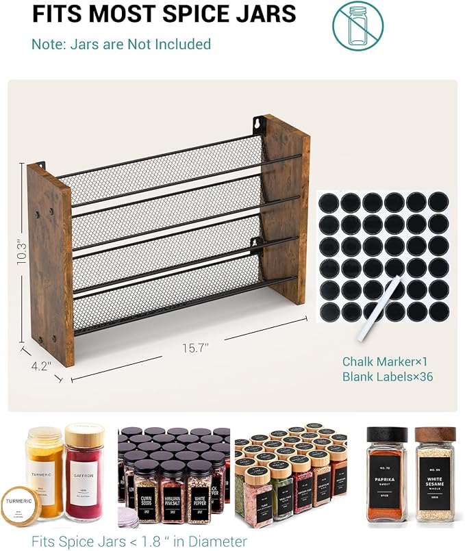 Spice Rack Organizer for Cabinet, Wood Countertop Shelf, No Jars Included | Holds 32 Standard 4 oz Jars, Fits Jars Under 1.8 in Wide, 4-Tier Kitchen Seasoning Organizer, Wall Mount, 15.7" W x 10.3" H - Image 2