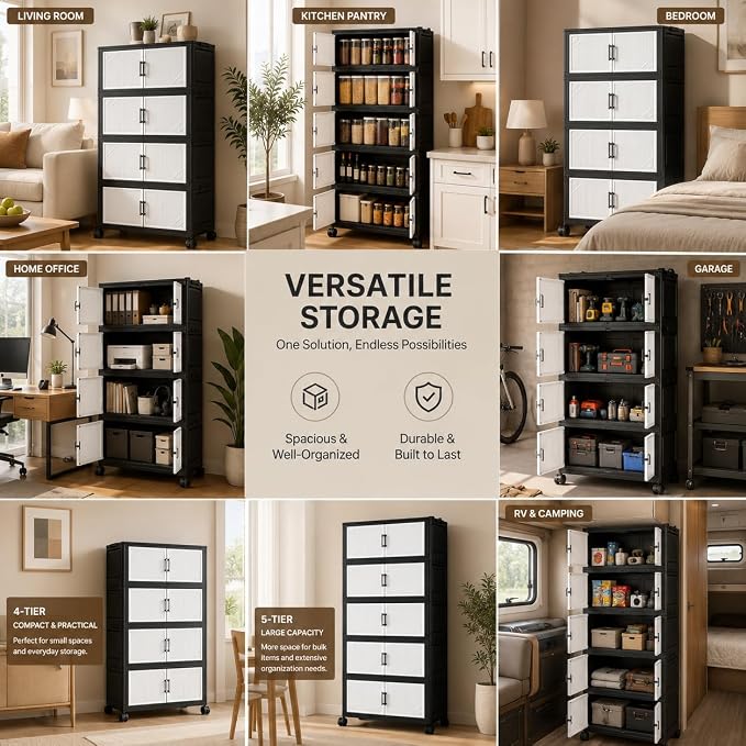 5 Tier Foldable Storage Cabinet with Top Lid, Tall Mobile PP Storage Organizer with Magnetic Doors and Wheels, Space-Saving Collapsible Organizer for Bedroom Living Room Kitchen Pantry Bathroom - Image 9