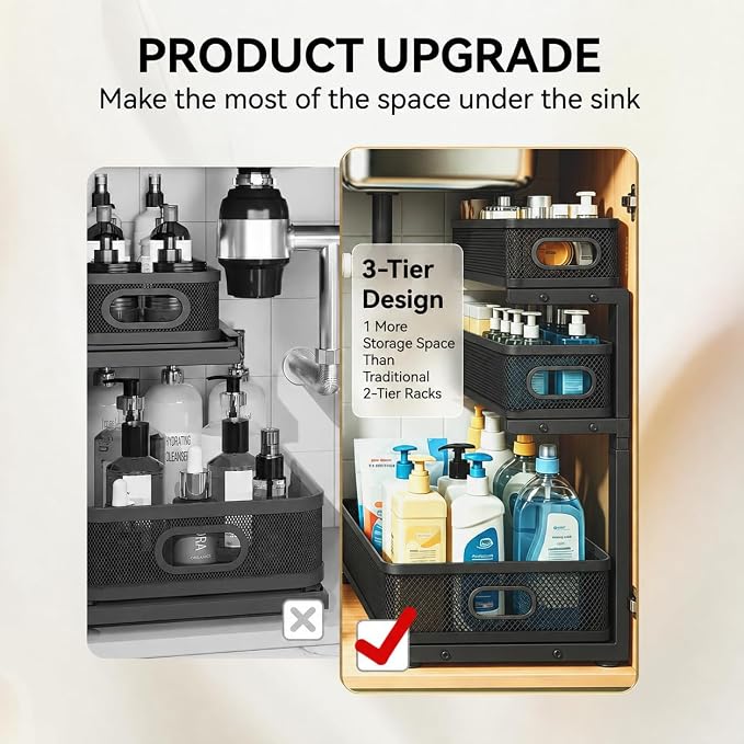 1 Pack 3 Tier Under Sink Organizer, Height Adjustable Heavy Duty Metal Under Cabinet Drawer Pull Out Shelf with Smooth Silent Sliding Design, Organizer and Storag Rack for Kitchen, Bathroom, Black - Image 3