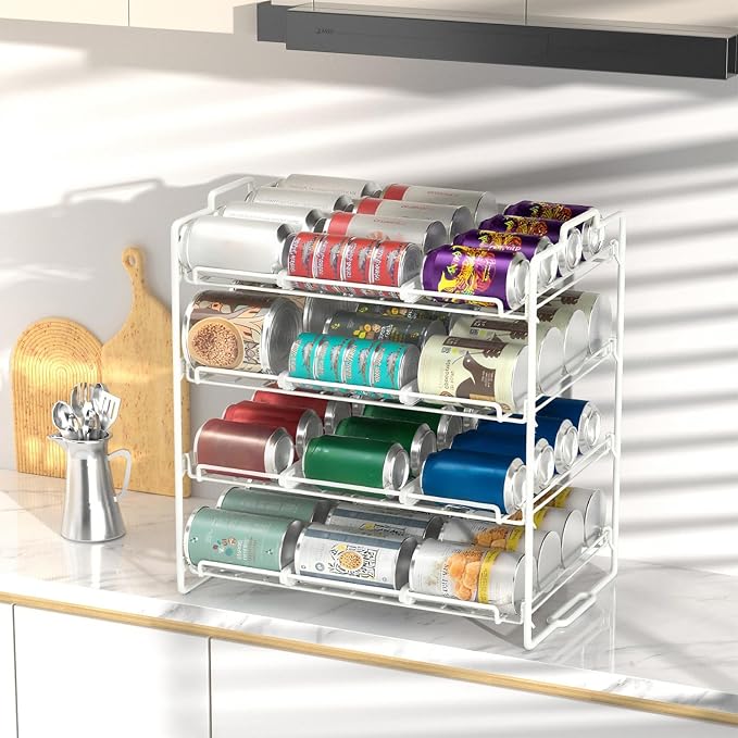 4 Tiers Stackable Can Rack Organizer, Wear-resistant Upgrade Beverage Food Can Dispenser Holder Holds up to 48 Cans for Kitchen Cabinet and Pantry (White) - Image 5