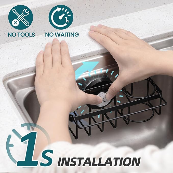 TAILI 4-in-1 Sink Caddy for Kitchen Sink with Strong Suction Cup-Black | Removable Sponge Holder for Kitchen Sink Organizer, Rustproof 304 Stainless Steel Holder for Sponge, Brush, Scrubber, Scraper - Image 2