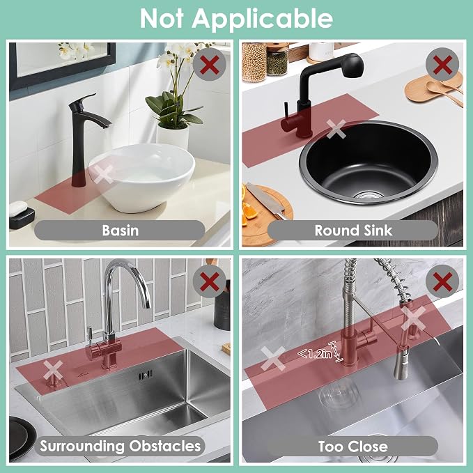 17.7-Inch Silicone Faucet Mat for Kitchen Sink Splash Guard, 7° Slope | 17.7"x5.5" water draining mat with fasten button; 1.6-2.75" customizable hole for bathroom, RV & kitchen sink drip catcher. - Image 4
