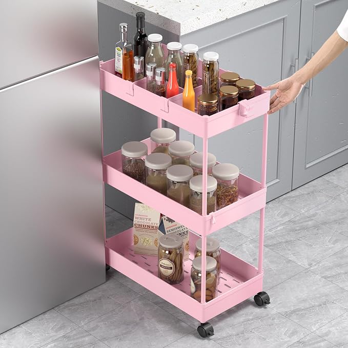3 Tier Rolling Cart with Wheels, Storage Craft Art Trolley Organizer Serving, 3 Hanging Baskets Easy Assembly, for Office, Living Room, Kitchen, Pink - Image 4