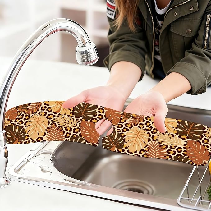 2 Pcs Kitchen Sink Splash Guard Faucet Mat Leopard Print Leaves Faucet Mat for Sinks Leaves Pattern Absorbing Drying Mats for Kitchen Bathroom, 23.6x5.5inch - Image 6