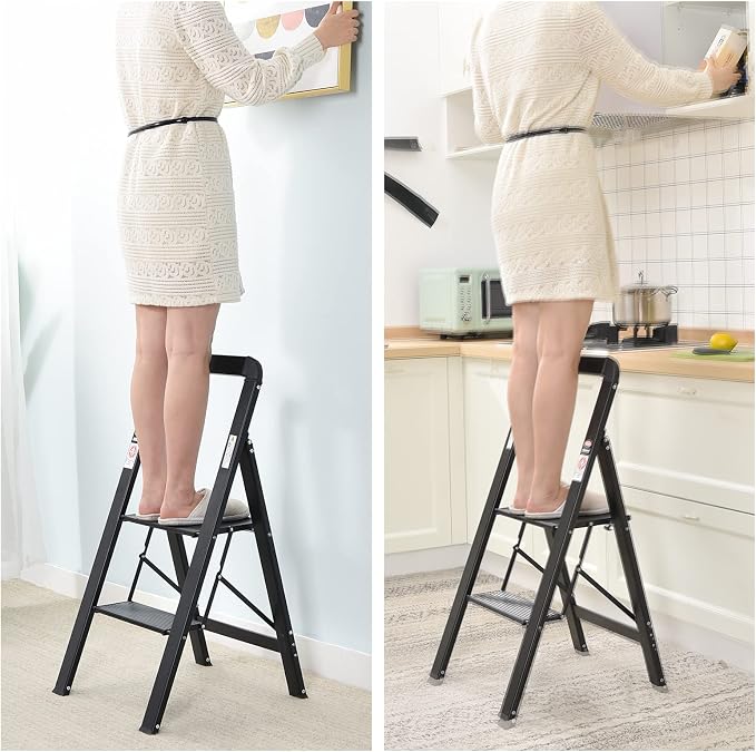 KINGRACK Aluminium 2 Step Ladder, Lightweight Step Stool with Non-Slip Pedals, Handrail, 330LBS Foldable Step Ladder for Kitchen, Garage, Home, Space Saving, Sturdy and Portable, Black - Image 6