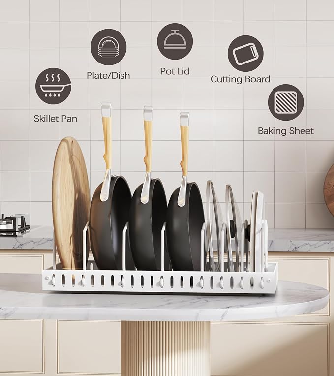 Lozovin Pull Out Pots and Pans Organizer Under Cabinet, Sliding Lid Holder and Pan Rack in Kitchen, Slide Out inside Cabinet Storage for Pot Lid, Bakeware, Dishes, 8 Adjustable Dividers, 1 Pack White - Image 6