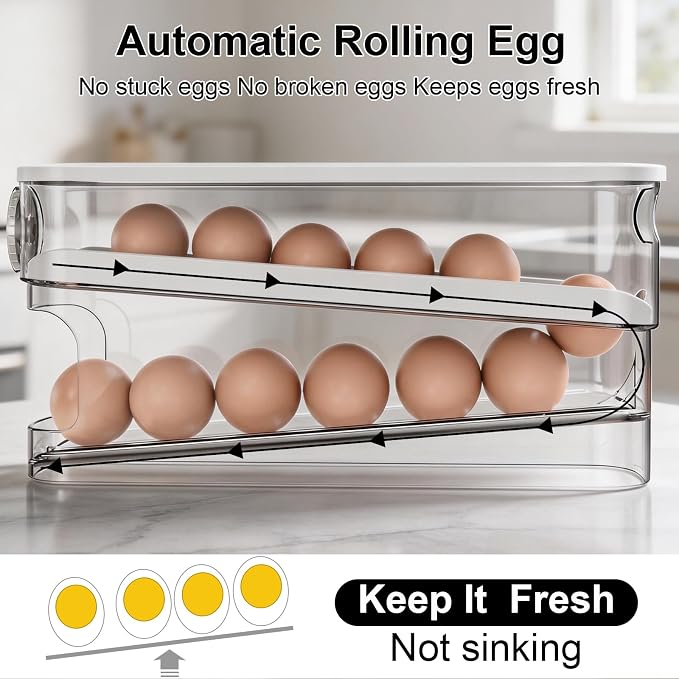 Egg Dispenser For Refrigerator Automatic Rolling,Space-Saving Egg roller,Organizer with Timer Freshness, Covered Dispenser Holds 12 Large Eggs, for Refrigerator, Kitchen, Cabinet & Desktop - Image 2