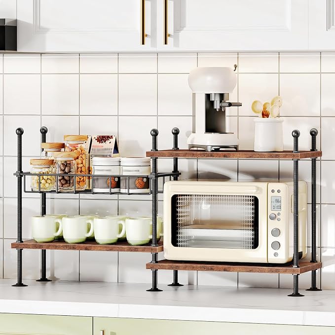 HOOBRO Kitchen Countertop Organizer, 4-Tier Adjustable Kitchen Storage Shelf with Rods & Leveling Feet, 3 Configurations, for Cabinet, Countertop, Bathroom, Office, Rustic Brown and Black BF21TL01 - Image 3