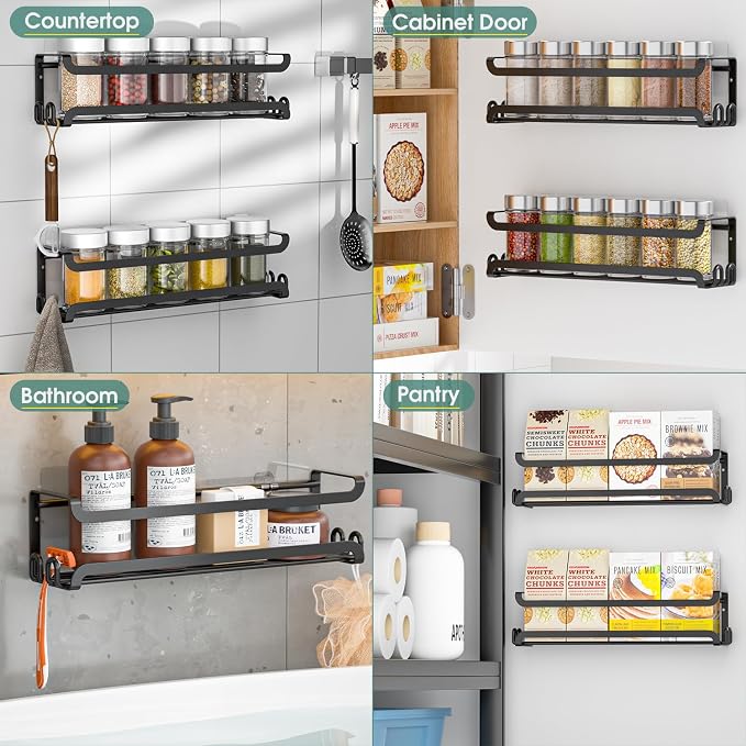 LUCYCAZ 2 Pack Wall Mounted Spice Rack for Spice Jars & Seasonings (Black) | 8 Metal Hooks, Space-Saving,Screw or Adhesive Spice Shelf Hanging,for Kitchen Cabinet,Pantry Door,RV,Camper Spice Orgnaizer - Image 8