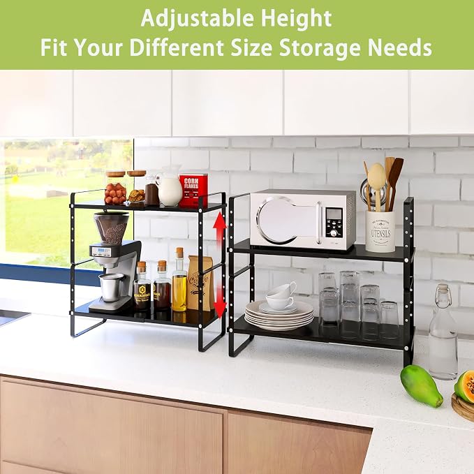 Across-Star Expandable Cabinet Shelf Organizer Rack, Stackable Kitchen Countertop Organizer Storage Shelves, Adjustable Height Pantry Counter Shelf Riser Spice Rack (Black, 2 Pack) - Image 2