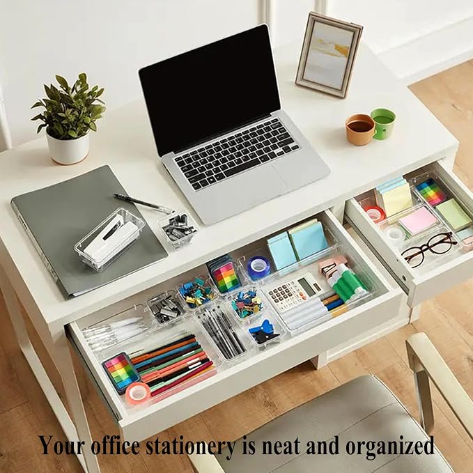 16 Pcs Extendable Clear Drawer Organizer, All Adjustable Vanity Storage Box, 2-Size Desk Drawer Organizer, Durable Storage Bins for Makeup, Cosmetic, Bedroom Dressers Tool Organizer for Gadgets - Image 5