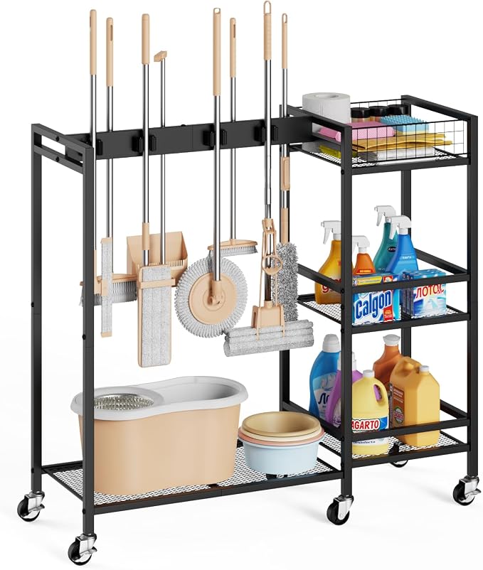 Broom Holder with Cleaning Supplies Organizer, Movable Broom Closet Storage Cabinet with Cleaning Caddy, Cleaning Cart with Mop Rack, Janitorial Housekeeping Cart on Wheels, Laundry Room Organization by BORISI