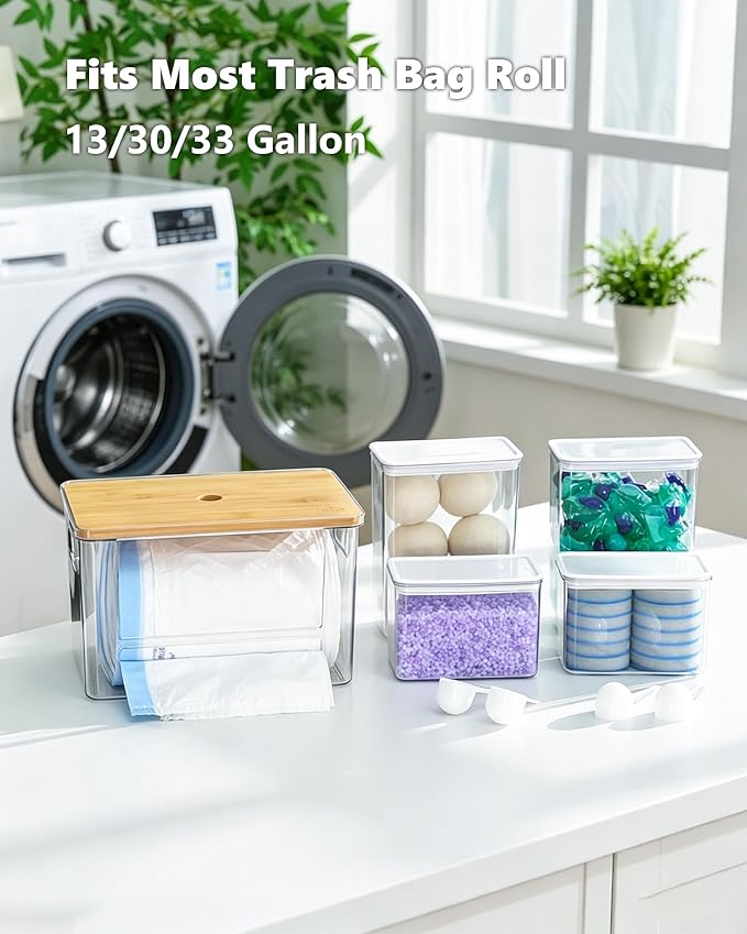 iCASA 5 in 1 Trash Bag Holder Dispenser Dishwasher & Laundry Pods Container | Large Stackable Under Sink Organizer Garbage Bag Dispenser for 13/30/33 Gallon Bags, Kitchen Pantry Clear Storage Bins - Image 3