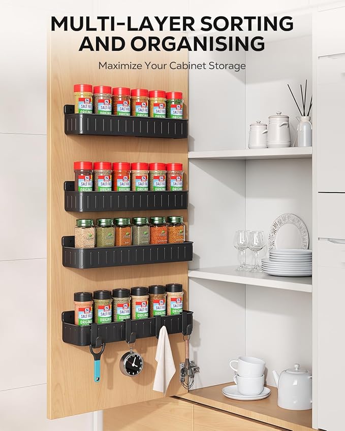 Nieifi Spice Rack Wall Mount, 4 Pack Black, 2" Depth, Screw/Adhesive | Wall-Mounted with Removable Hooks Saves Counter Space, Fits 2" Deep Jars, Ideal for Kitchen Cabinets, Pantry Doors, and RVs - Image 2