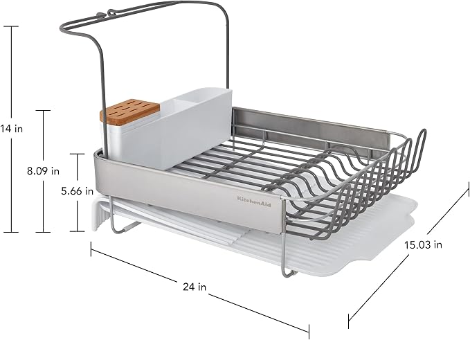 KitchenAid Full Size Compact to Full Capactiy Expandable Rust Resistant Dish Rack, with Self Draining Angled Drainboard and Removable Flatware Caddy, 24-Inch, White - Image 5