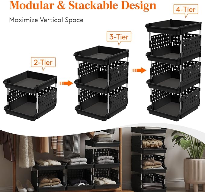 Lifewit 4 Tier Plastic Stackable Storage Baskets for Clothes 1 Pack, Black | Stacking Bins for Food, Multifunctional Organizer for RV, Kitchen, Playroom, Pantry and Bathroom - Image 4