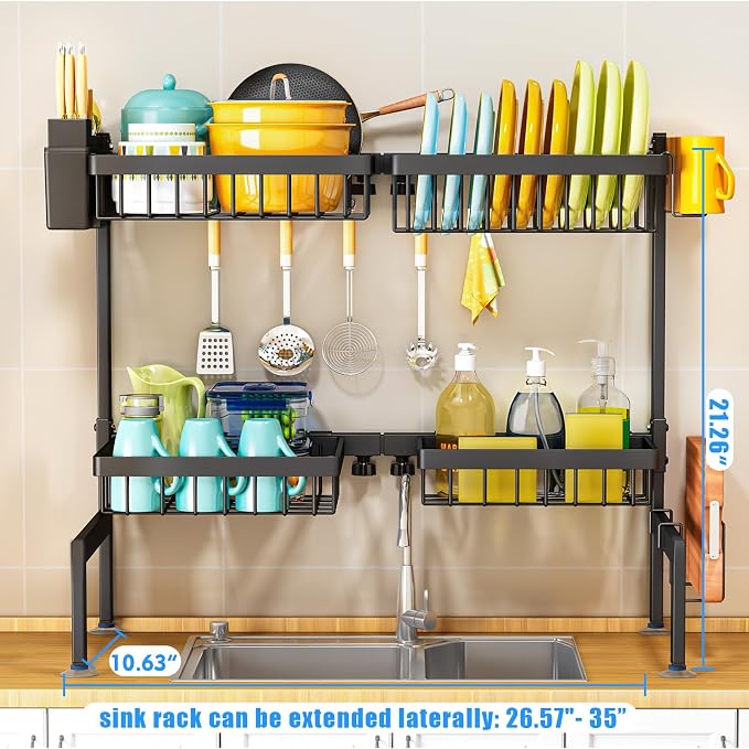 ARSTPEOE Large Over The Sink Dish Drying Rack 2 Tiers 4 Baskets | Fits All Sinks (from 26.57" to 35"), 2-Tier Adjustable SinkRack, Dishes Rack Kitchen Storage Organizer, Space Saving - Image 3