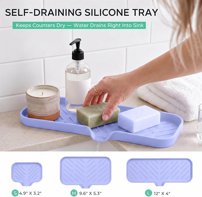 MicoYang Silicone Soap Dish with Drain Spout — Self-Draining Double Sink Organizer Tray for Kitchen & Bath, Dispensers, Sponges & Soap Holder, Non-Slip & Dishwasher Safe, Light Purple (Large, 12"×4") - Image 8