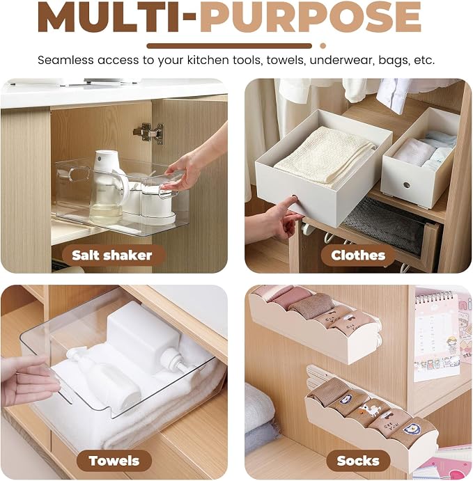 LELE LIFE Adhesive Pull Out Cabinet Drawer Sliders, Drawer Bin Organizer Sliding Rails Guides, No Drill DIY Basket Slides Bottom Mount for Shelf (8 Pack) - Image 6