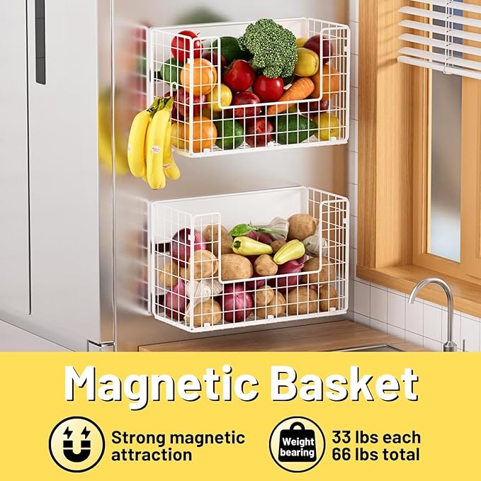 Magnetic Fridge Shelf, Fruit Potato & Onion Storage Bins, Pantry Organizers, Large Container Basket for Refrigerator, Kitchen Counter, Cabinet (2, White) - Image 2
