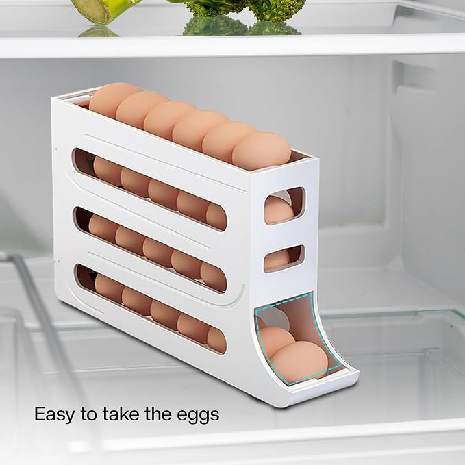 ZAYLAN Auto-Rolling Egg Holder for Fridge – 4-Tier Space-Saving Dispenser Holds 28 Eggs, White Organizer with FREE Flower Egg Cutter - Image 8