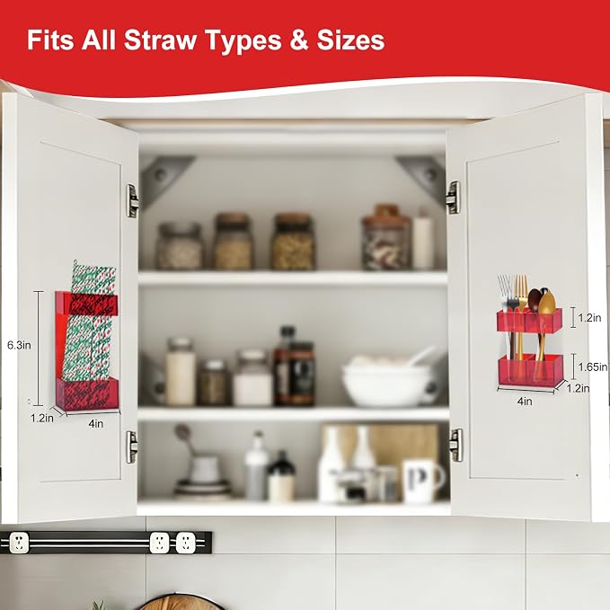 2 PACK Small Acrylic Straw Holder for Cabinet Doors，Straw Organizer Storage with Most Sizes，Multi-Function Kitchen Accessories Container with Adhesive Round Pads(RED) - Image 2