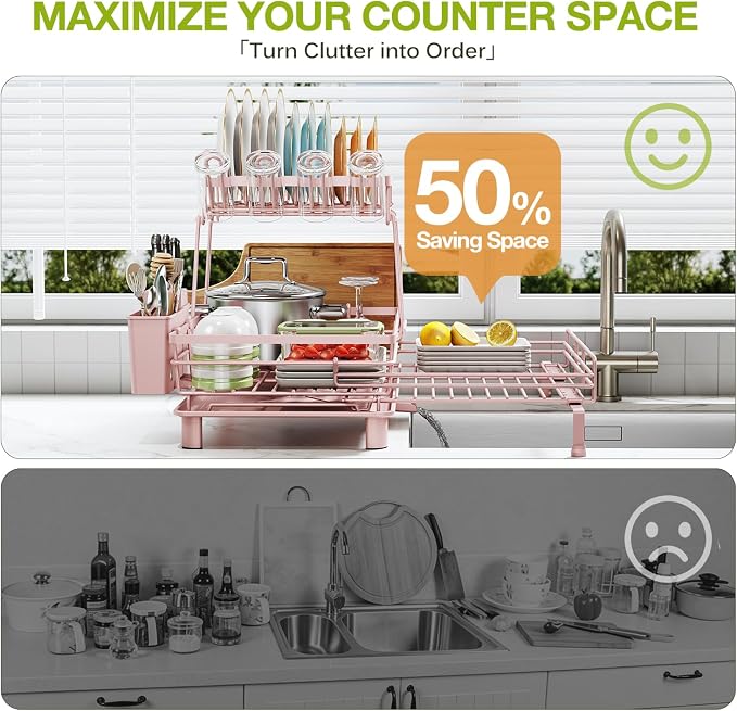2-Tier Expandable Dish Drying Rack, Kitchen Counter Pink | Large Capacity Kitchen Organization, Heavy-Duty Carbon Steel, Swivel Drain Spout, Cup Hooks & Utensil Holder - Image 6