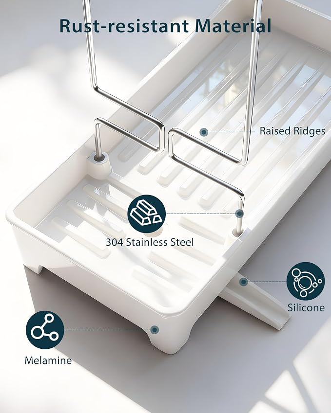 Minimalist Sink Caddy, Rustproof Sponge Holder for Kitchen Sink White | Large Rustproof countertop organizer with 304 stainless steel brush holder, raised ridges and silicone drain tube - Image 7