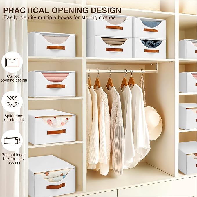 Stackable Storage Drawers - Collapsible Storage Bins with Drawers, 6 Pack Closet Shelf Organizer Basket, Fabric Pull Out Organizer for Bedroom, Living Room, Dorm, White - Image 5