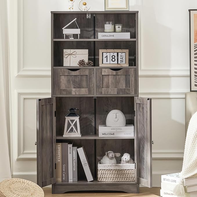 Iwell Tall Storage Cabinet with 2 Drawers & Adjustable Shelf, Bathroom Cabinet with Doors, Kitchen Pantry Storage Cabinets, Cupboard for Living Room, Dining Room, Entryway, Rustic Gray - Image 2