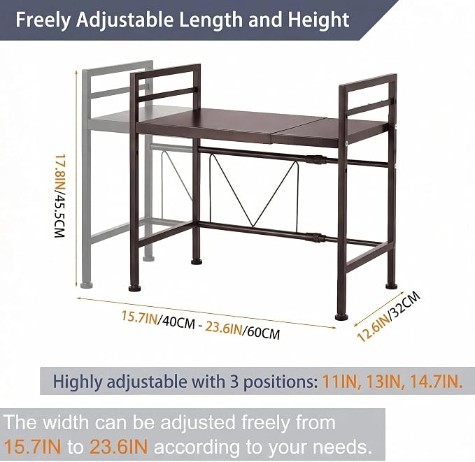 PUSDON Expandable Microwave Oven Rack, 2-Tier Countertop Baker's Rack Style Shelf, Heavy Duty Stand with 3 Hooks, 160lbs Capacity Rustic Farmhouse Decor, Vintage Bronze - Image 5