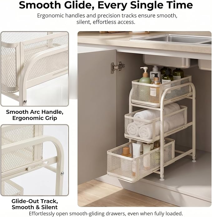 3 Tier Under Sink Organizer, Pull Out Cabinet Storage Organizer with Sliding Mesh Drawers, Heavy Duty Metal Under Sink Storage for Kitchen, Bathroom, Cabinet, Small Space, White, 1 Pack - Image 7
