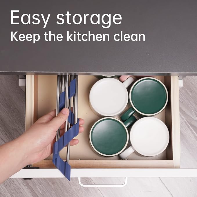 Tomorotec Triangle Roll-Up Dish Drying Rack for Sink Corner Small Foldable Stainless Steel Over The Sink Multipurpose Kitchen Drainer Caddy Organizer Storage Shelf Holder (Deep Blue) | BPA-Free Food-Grade Silicone Edges Foldable Waterproof Rustproof He... - Image 6