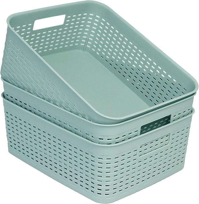 Soddeph Plastic Storage Baskets for Cabinets, Household Pantry Organization with Handle,Organizer Bins for Room,Bathrooms,Under-Sink,Kitchen (Green, M-3PACK) by Soddeph