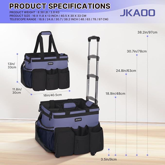 JKAOO Large Rolling Cleaning Caddy Bag with Detachable Trolley, Denim Blue | Waterproof Cleaning Caddy with Wheels, 40L Wheeled Organizer Cart for Supplies, Housekeepers, Home, Office, Car, Picnic - Image 2