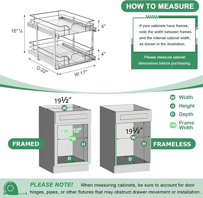 2-Tier Pull Out Cabinet Organizer (17" W x 22" D) | Soft Close Cabinet Slide Out Shelves, Heavy Duty Slide Out Drawers with Shelf Liner for Kitchen Cabinets, Pantry, Bathroom - Image 3