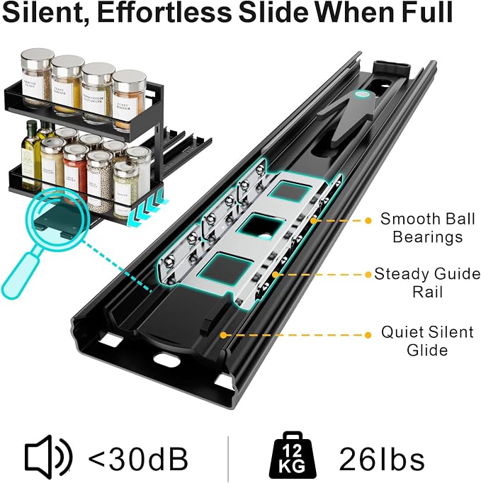 Vertical Spice Rack Pull Out - 1 Pack Rotate No-Drill Slide Out Spice Rack for Cabinet Swivel Easy Access Spices, Adjust Height for 4oz to 8oz Spice Jars Inside Kitchen Pantry Cabinet, Black - Image 7