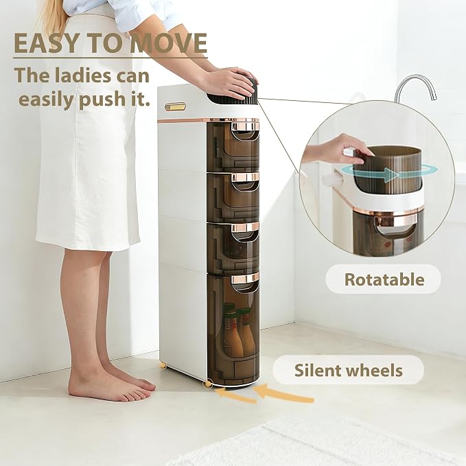 BGYMF 3-Tier Narrow Slim Bathroom Storage Cabinet,Movable,White | ABS and PP,with Wheels and Drawers,Large Storage Capacity,Water Resistant,Toilet Paper Holder,for Small Spaces - Image 6