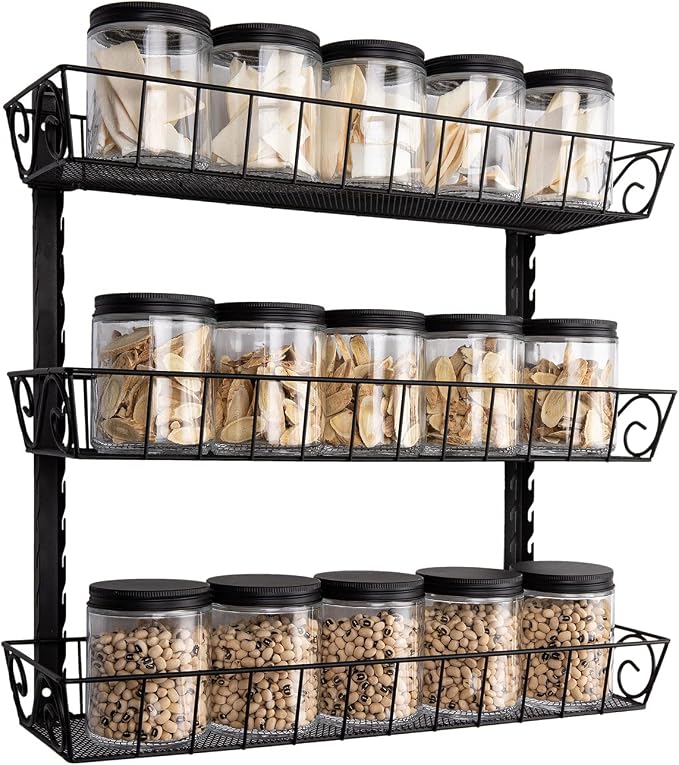 SWOMMOLY Wall Mount Spice Rack Organizer, 3-Tier Adjustable Dual-Use Shelf | Hanging Spice Rack Organizer, Kitchen Pantry Cabinet Storage Holder for Spices, Mason Jars, Bottles & Cans, Black by SWOMMOLY