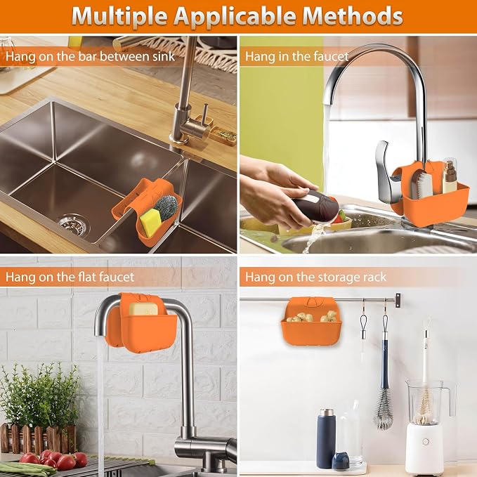 Sponge Holder for Kitchen Sink, Silicone Sink Saddle Caddy Organizer Rack, Sponges Holder Over Faucet, Hanging Kitchen Organizer Accessories Rack Basket Orange - Image 4